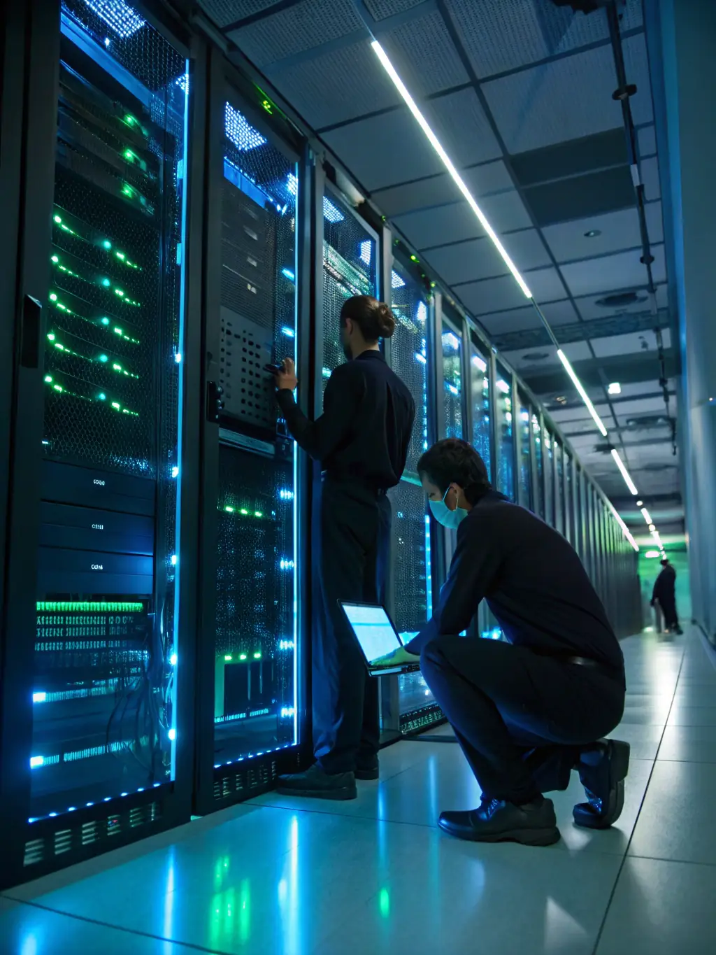 A professional IT technician remotely accessing a server rack in a data center, showcasing SelantiTech's remote support capabilities.