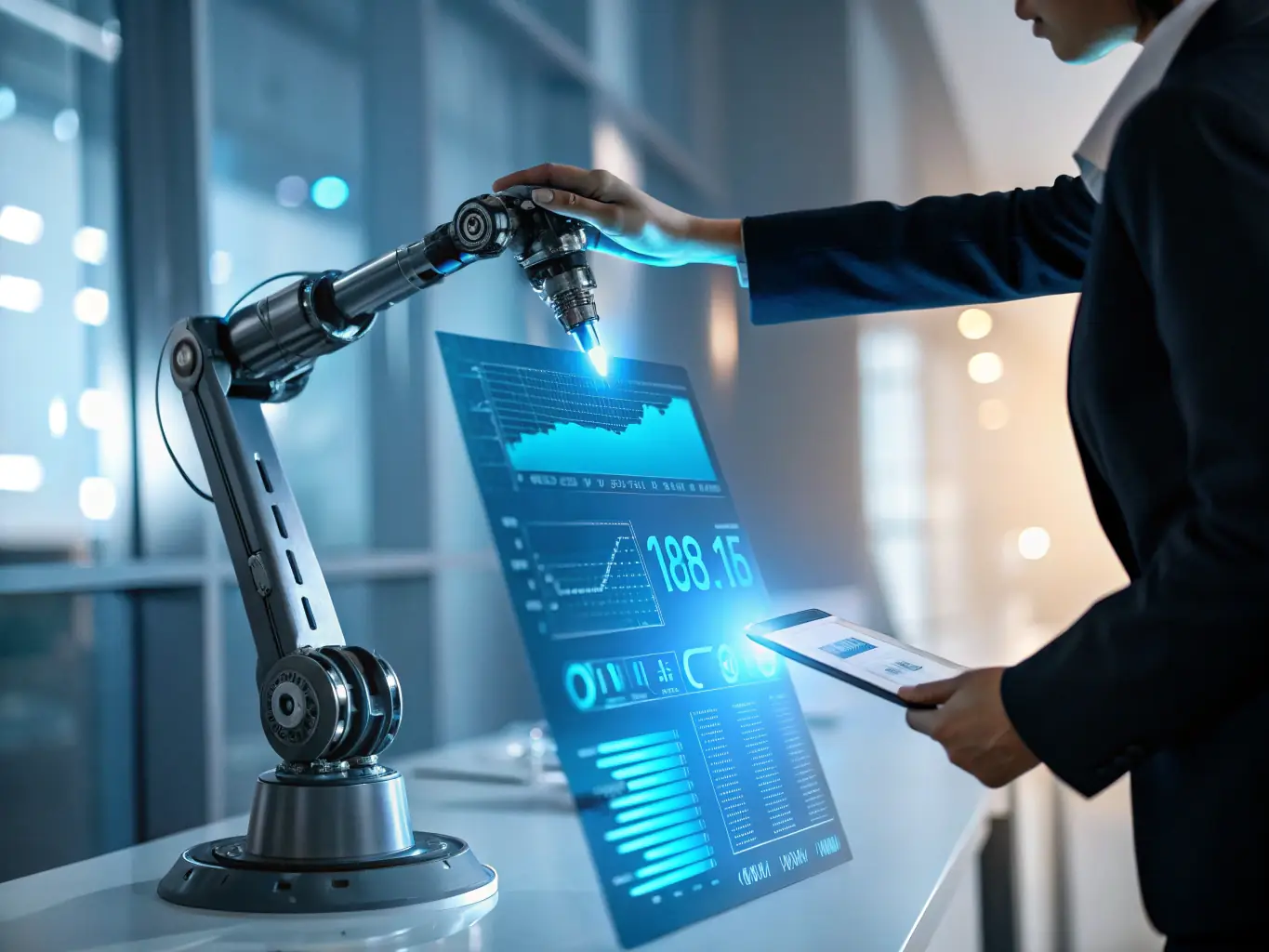 A digital illustration depicting a robotic arm interacting with data streams, symbolizing AI automation in a modern office environment.