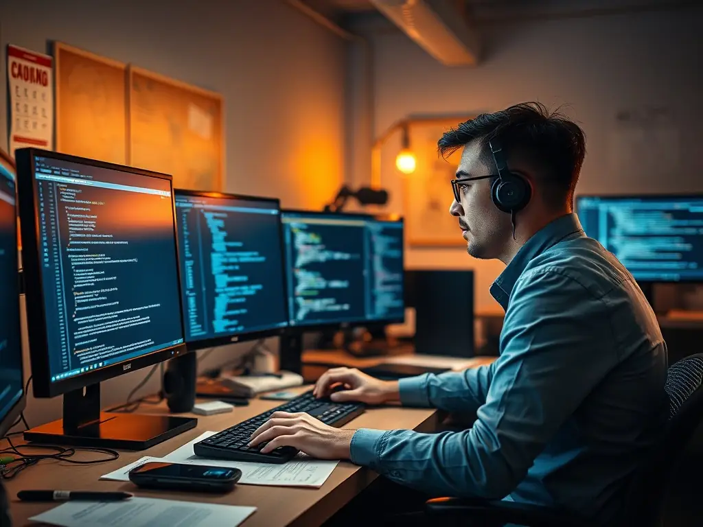 A software developer working on a clean, modern application interface, surrounded by multiple monitors displaying code and design elements, in a brightly lit office environment.