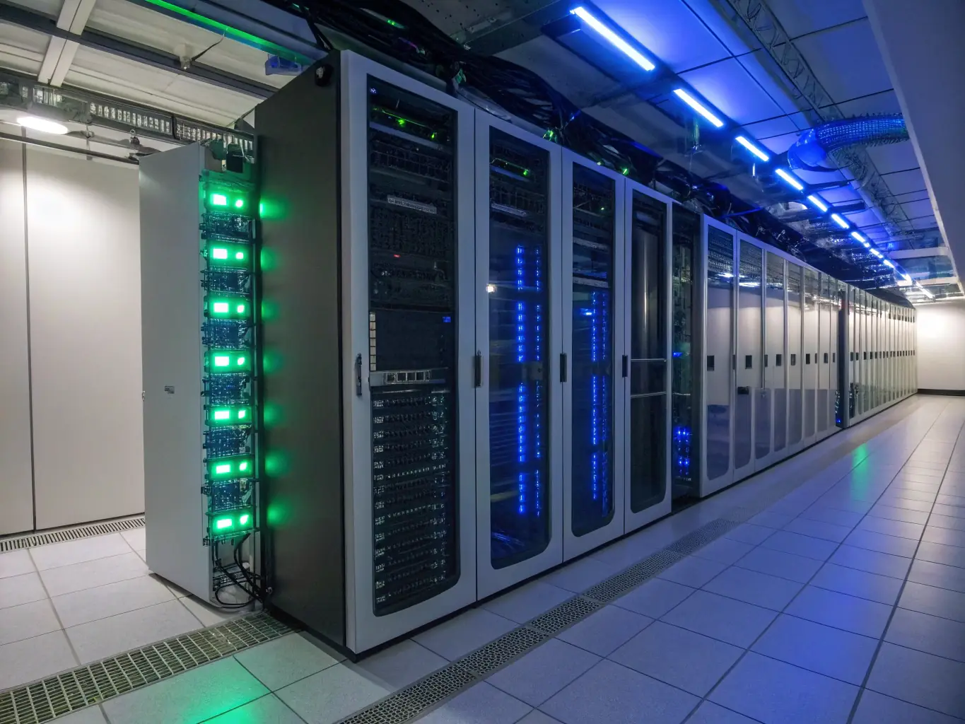 A server room filled with racks of servers and blinking lights, symbolizing the infrastructure and backend support required for robust application development.