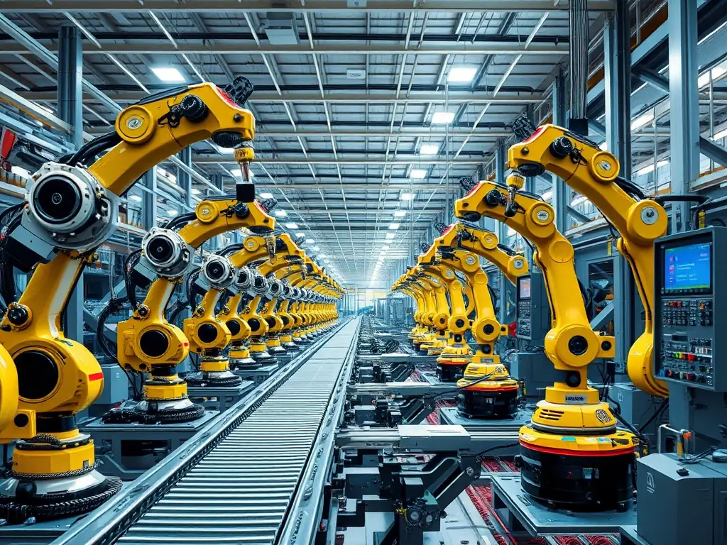 An image of a smart factory with automated processes controlled by AI, highlighting the benefits of AI in manufacturing and production.