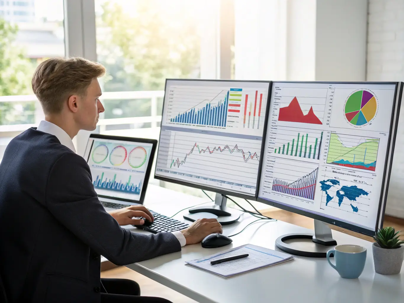 A desktop application interface showcasing data visualization and interactive dashboards, with a user interacting with the application using a mouse and keyboard.